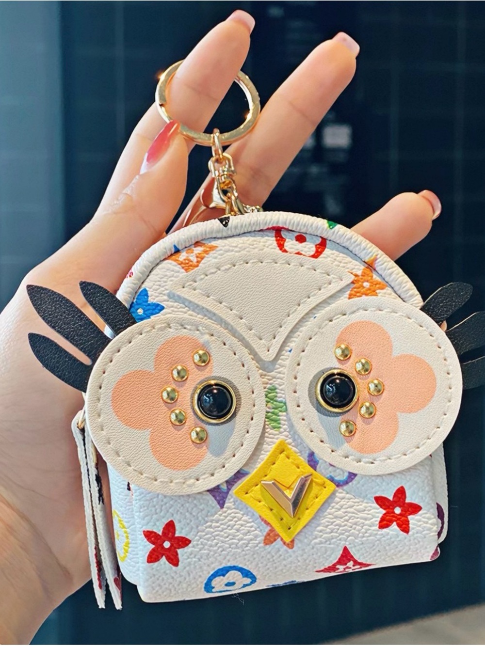 Whimsical Owl Charm Keychain Coin Pouch - White Floral